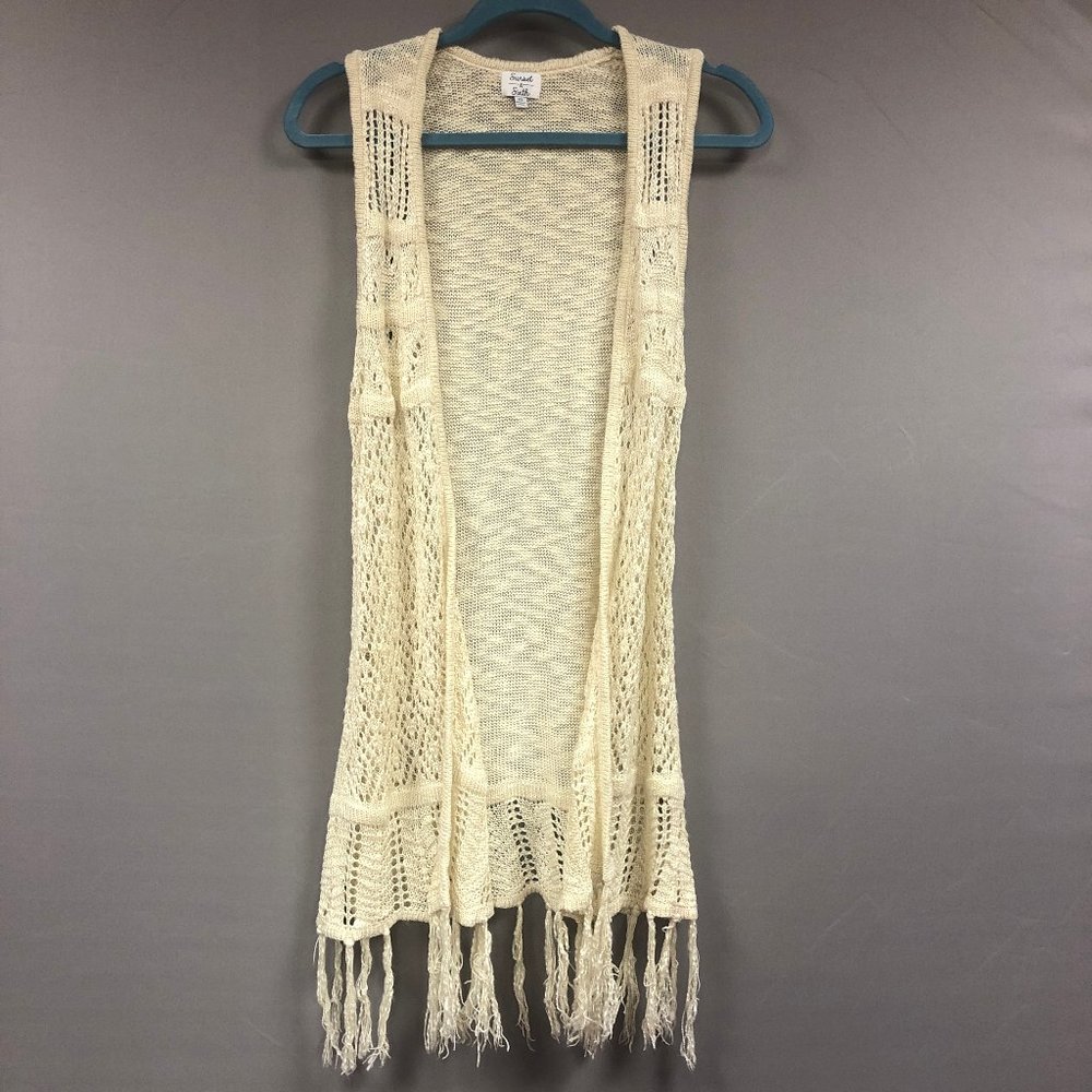 Sleeveless Ivory Crochet Fringe Cardigan, NWOT